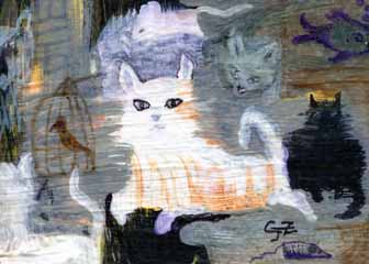 "Kitty Fun" by Charlene Zabawski, Madison WI - Acrylic & ink, SOLD
